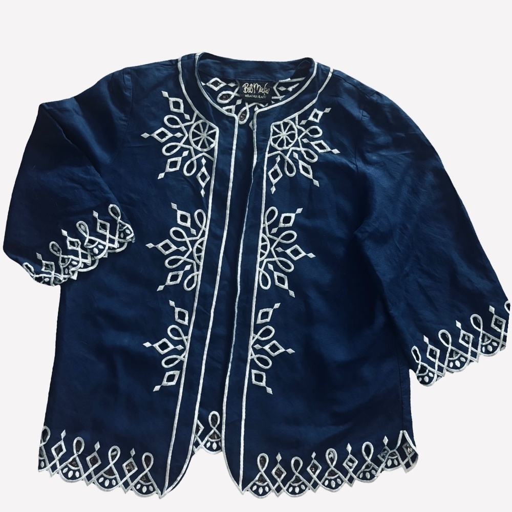 Vintage Y2K Bob Mackie Wearable Art Linen Open Front Embroidered Top - Small